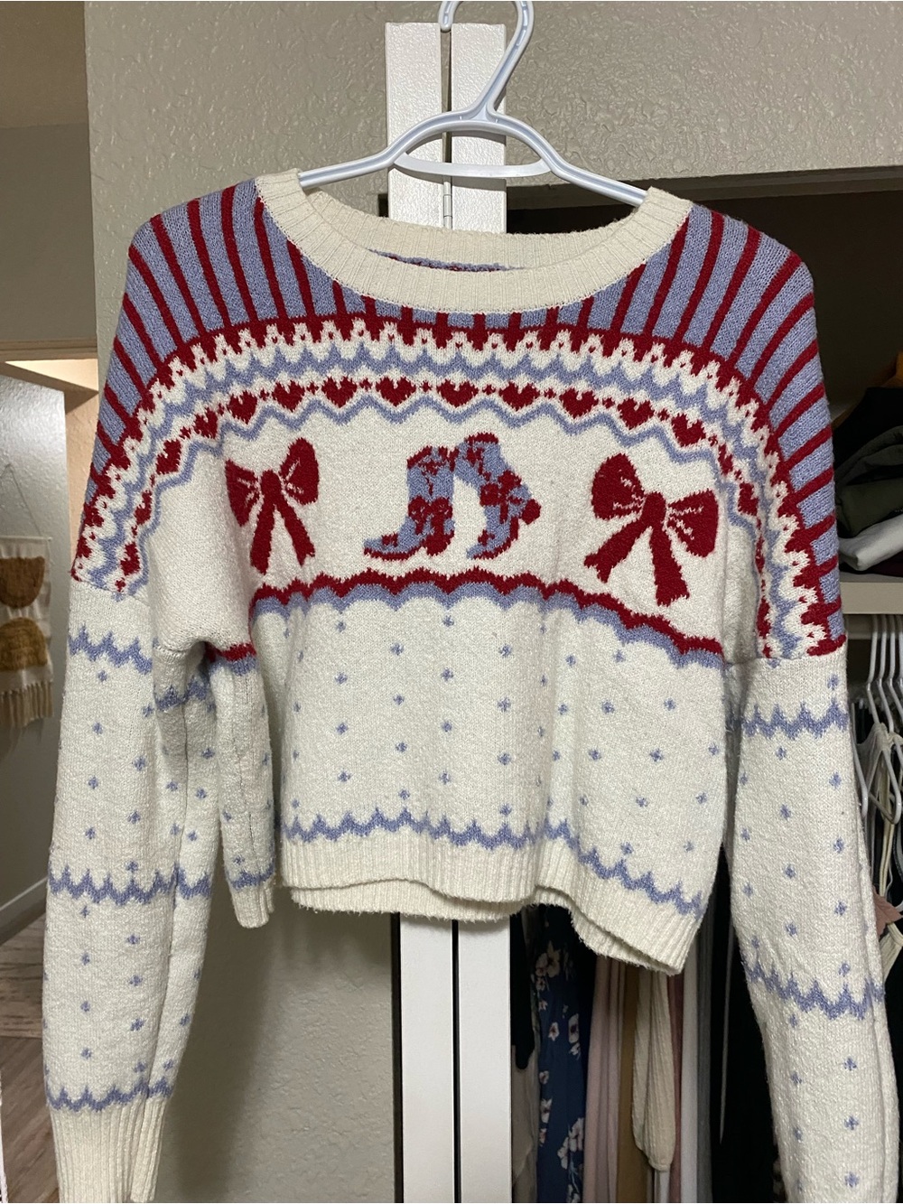 Cropped Sweater with Red & Light Blue Accents